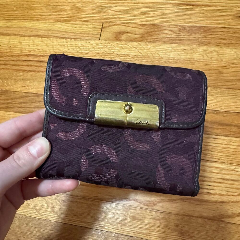 Y2K Style Coach Purple Signature C Canvas Leather Trifold Wallet